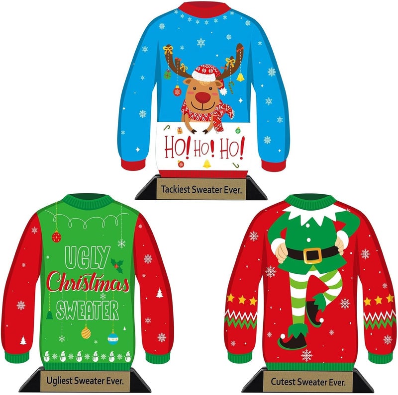 TTQ 3PCS Ugly Christmas Sweater Trophy Award, 6.2" Xmas Wooden Ugly Sweater Party Trophy,Funny Trophy Game Prizes for Adults - Image 1